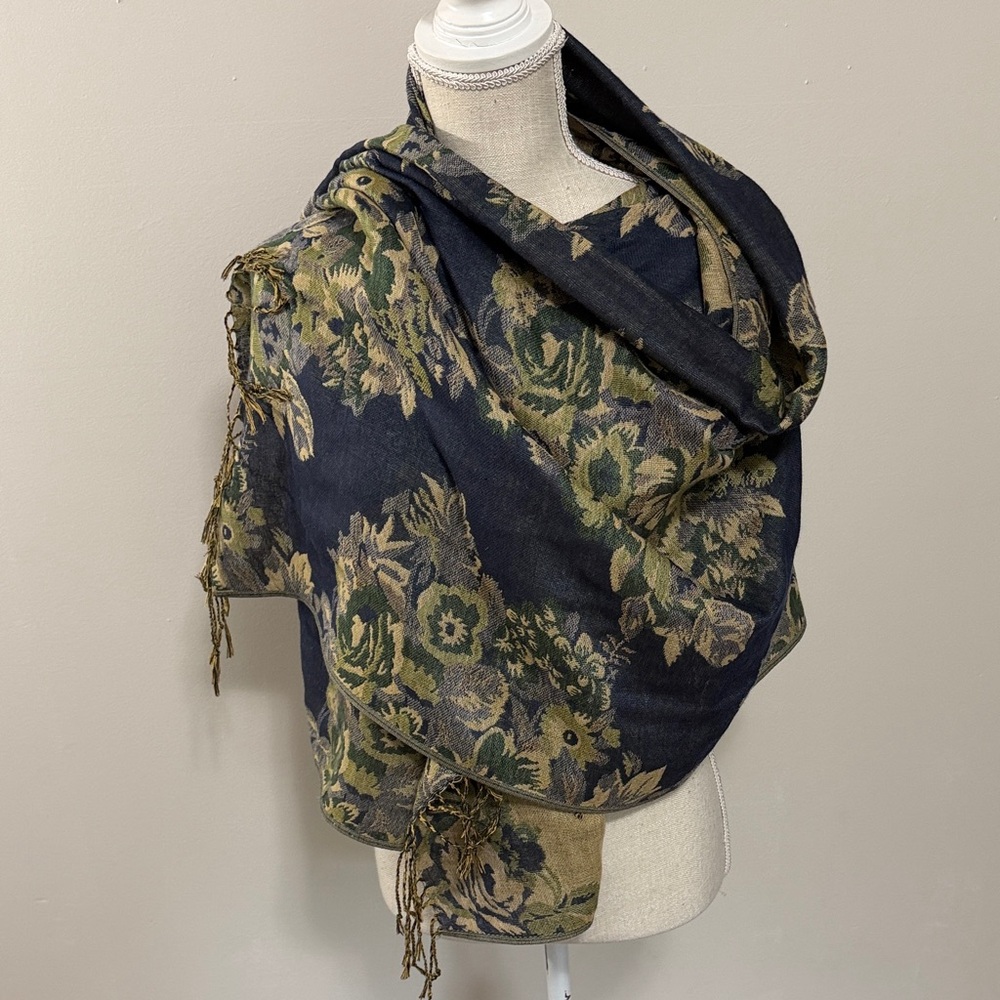 Floral Jacquard Wrap Shawl in Navy and Olive